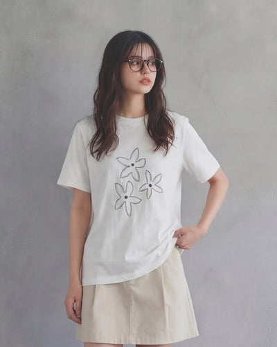 フラワーライン刺繍 ゆったりストレート クルーネック 半袖Tシャツ-ホワイト-L