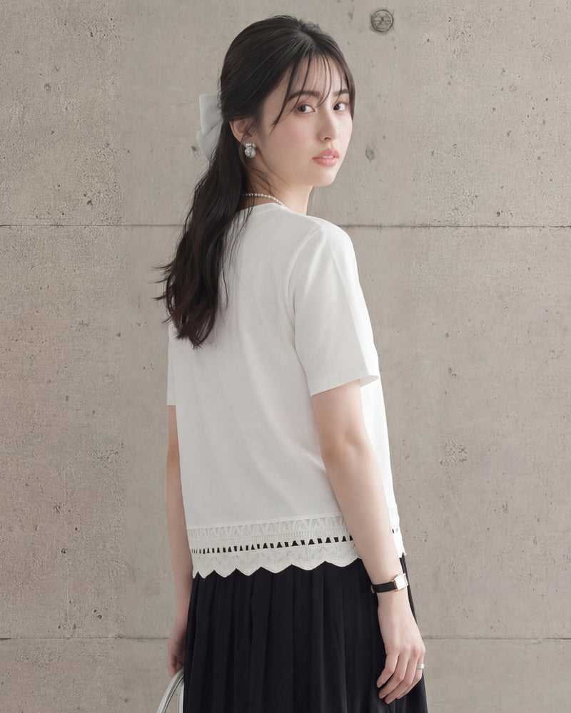 ホワイト クルーネック ストレートシルエット ショート丈 透かしレース 半袖Tシャツ