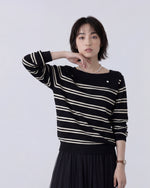 襟付きオフショル風ボートネック ゆったりショート丈ニット-ブラック X ライトベージュ-XL