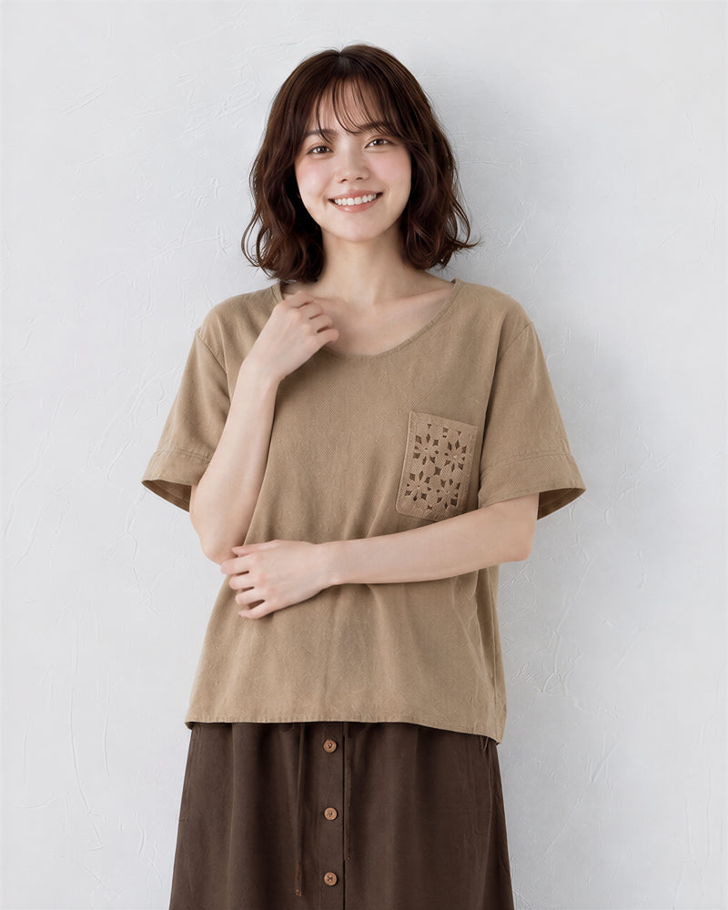 【全2色】ゆったりVネック 透かしポケット 半袖Tシャツ
