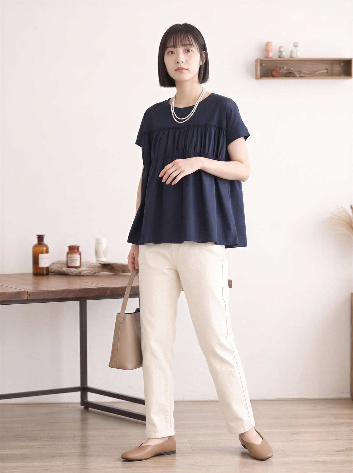切り替えギャザー入り ゆったりTシャツ