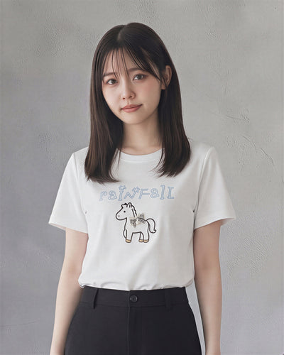 ホワイト クルーネック ゆったりシルエット ポニー刺繍ワッペン 半袖Tシャツ