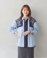 切り替えストライププリントシャツ-サックス-4XL