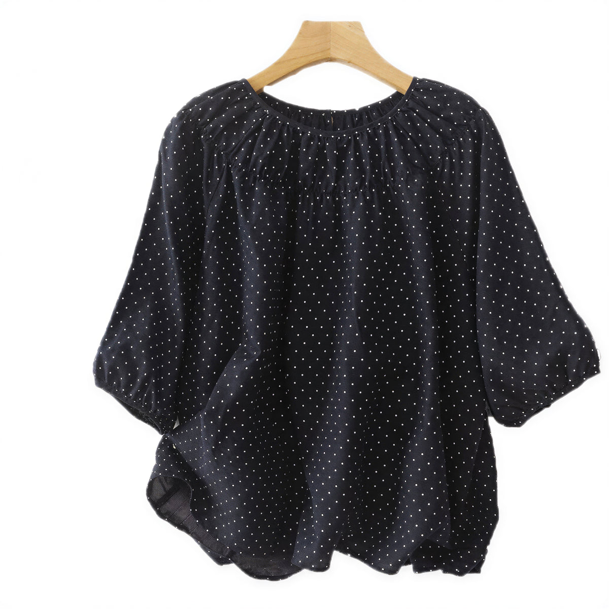 M-2XL ネイビードット ギャザー入り ゆったりブラウスXL