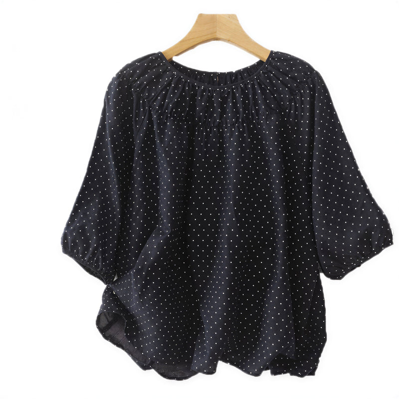 M-2XL ネイビードット ギャザー入り ゆったりブラウスXL