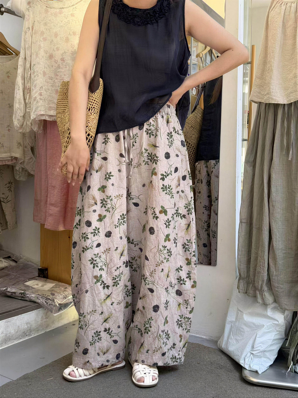 【全2色】M~2XL ボタニカルプリント ゆったりワイドパンツ