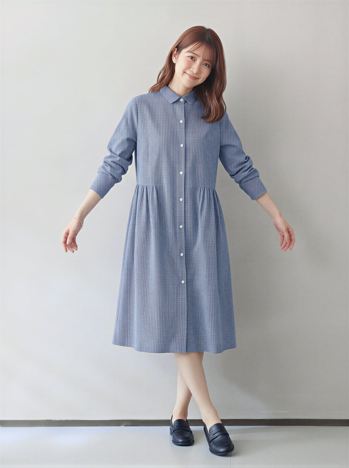 ゆったりAライン 立体カッティング シャツワンピース-ブルー-2XL