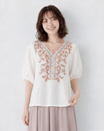 M~2XL Vネック 刺繍パフスリーブTシャツ