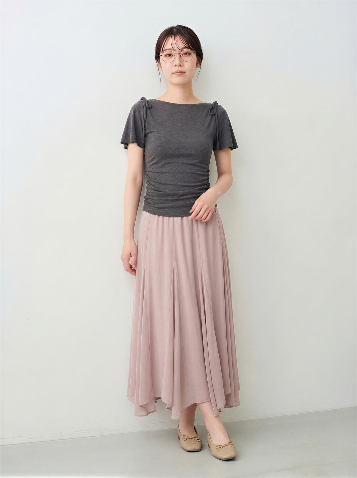 オフショル風ボートネック ウエストギャザー フリルフレアスリーブ 半袖Tシャツ
