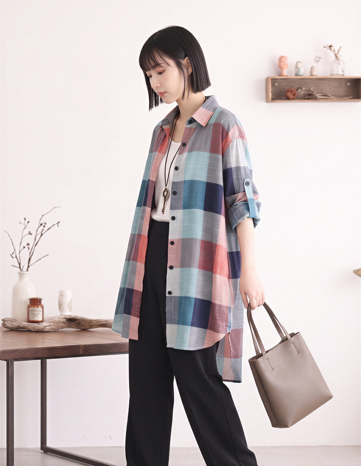 ゆったりミドル丈チェックシャツ-サックス X レッド-3XL
