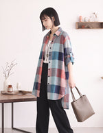 ゆったりミドル丈チェックシャツ-サックス X レッド-3XL