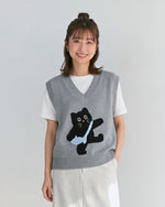 猫ジャカードVネックゆったりニットベスト