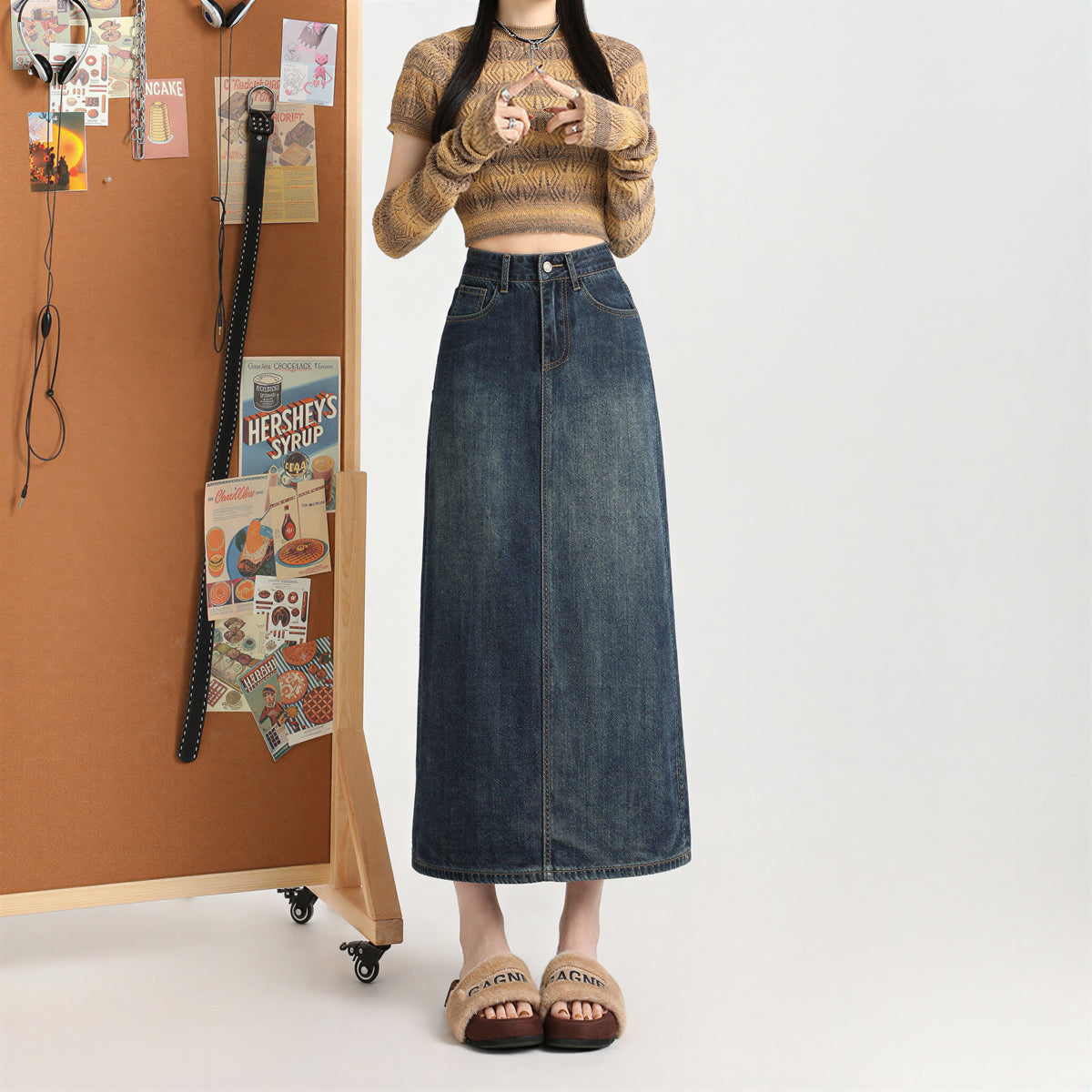 ハイウエスト ストレート スリット デニムスカート