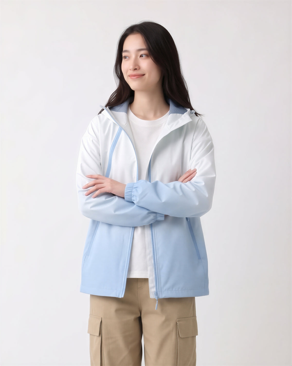 フード付きスタンドカラールーズマウンテンパーカー-サックス-2XL