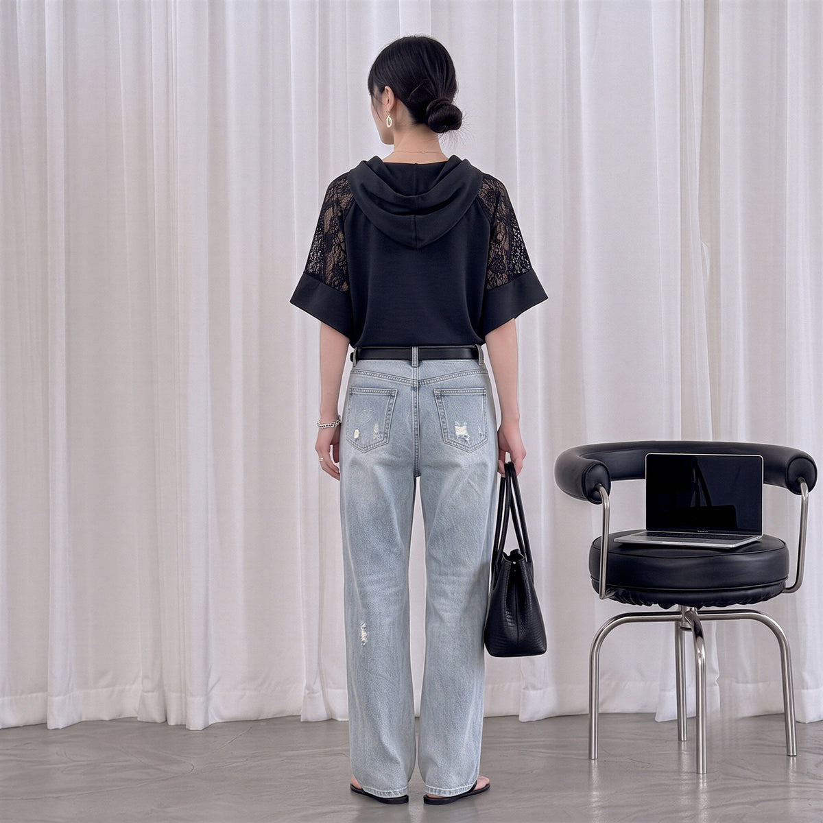 レース切り替えフード付きワイドスリーブTシャツ