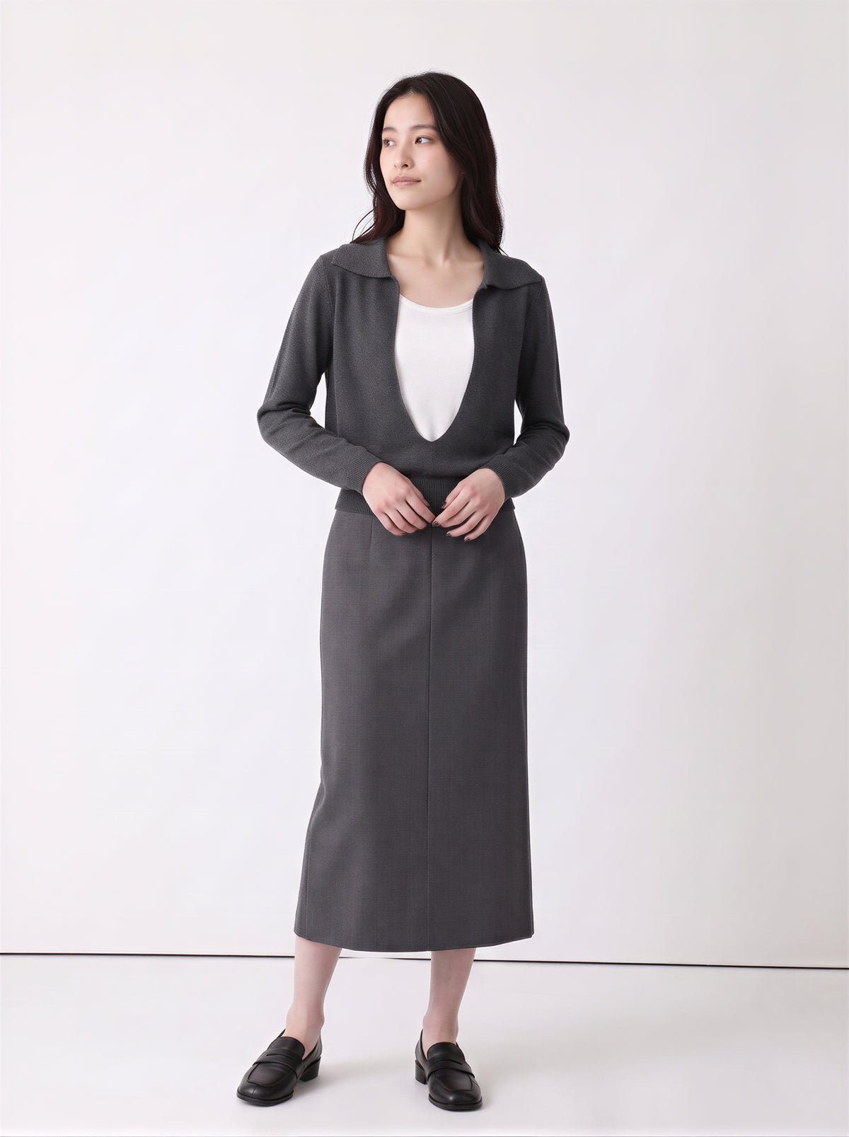 【全2色】S~XL ショールカラー 深V 切り替え ウエストシェイプ フェイクレイヤード ニット