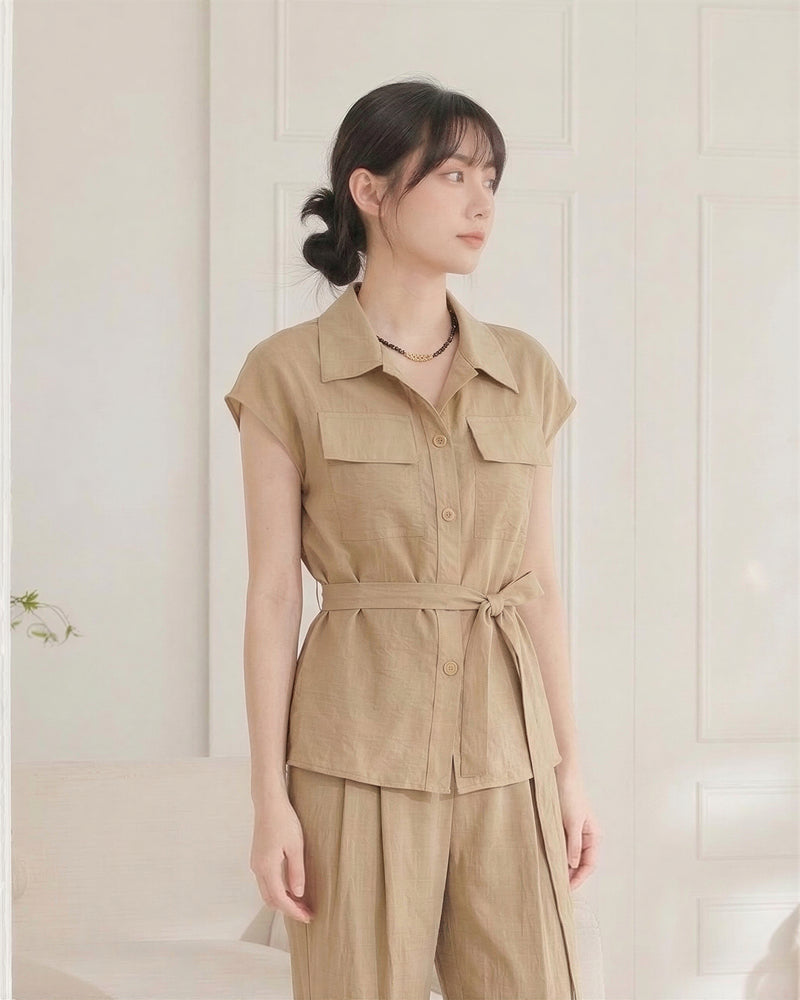 襟付き ダブルポケット ウエストリボン ノースリーブシャツ