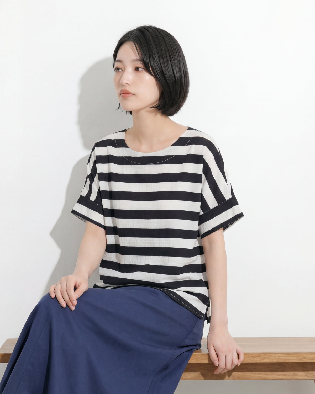 ブラック 太ボーダー ゆったり ドロップショルダーTシャツ