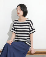 ブラック 太ボーダー ゆったり ドロップショルダーTシャツ