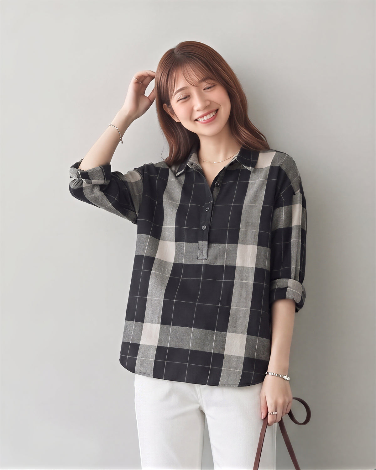 ゆったりドロップショルダー大柄チェックシャツ-ブラック X グレー-2XL