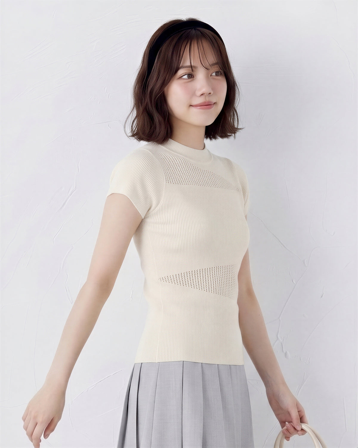 スリムフィット シアー切り替え 半袖ニットトップス-ライトイエロー-XL