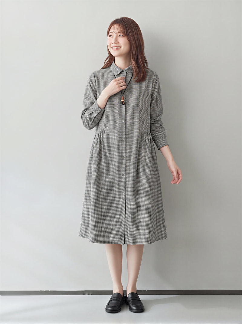 【秋新作】【全2色】M~2XL ゆったりAライン 立体カッティング シャツワンピース