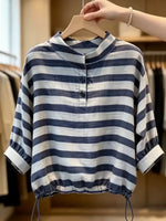【秋新作】S-XL ボーダー スタンドカラー ドローストリング 半袖Tシャツ