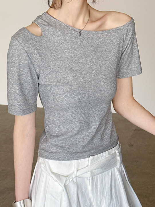 アシンメトリーショルダー 肩見せ カットアウト スリムTシャツ