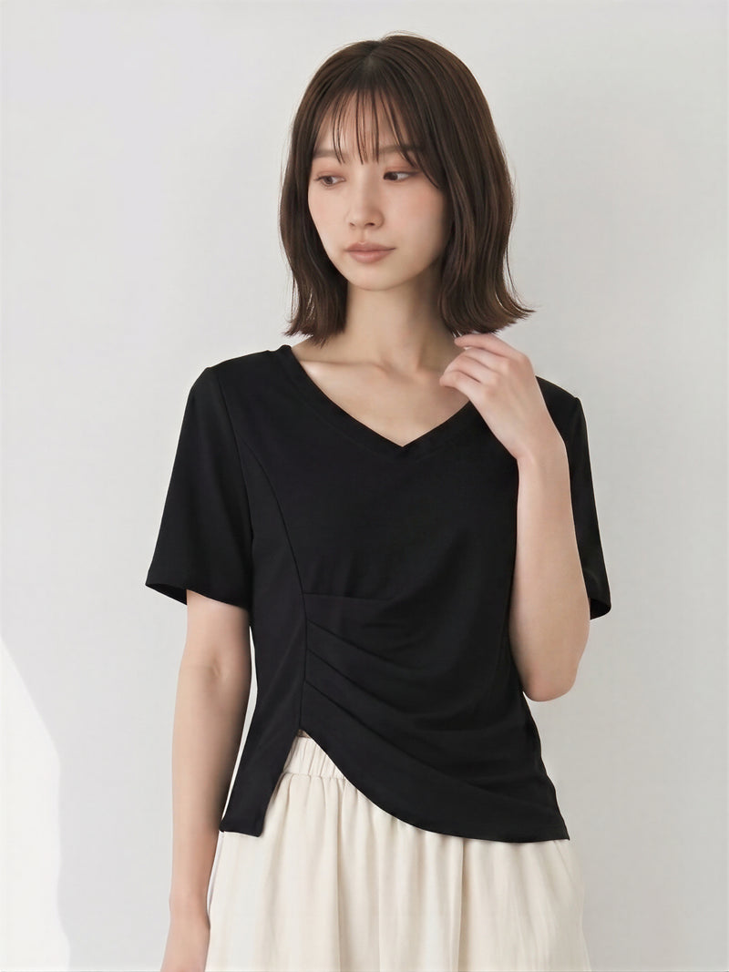 Vネック イレギャラーギャザーTシャツ-ブラック-L