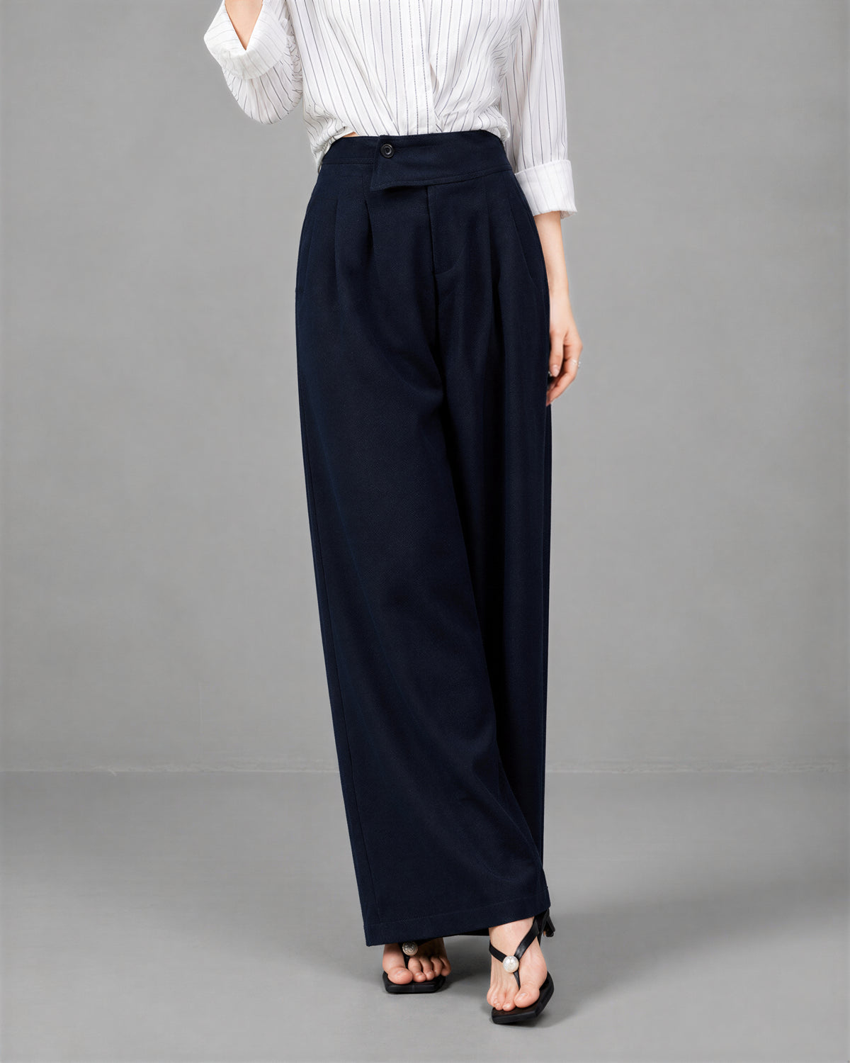 S~XL ハイウエスト ドレープ感 アシンメトリー ワイドパンツ