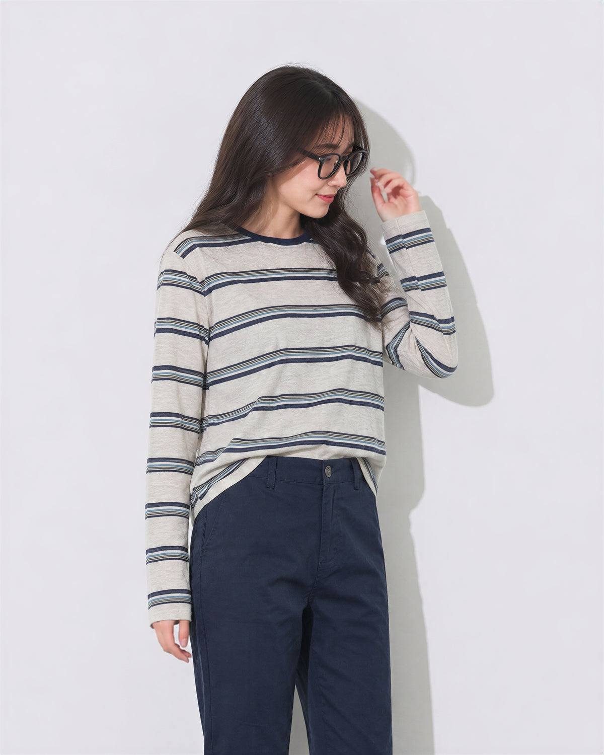 S~XL ボーダー クルーネック ゆったりTシャツ