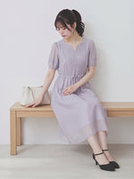 ライトパープル 刺繍入り ウエストマーク 半袖ワンピース