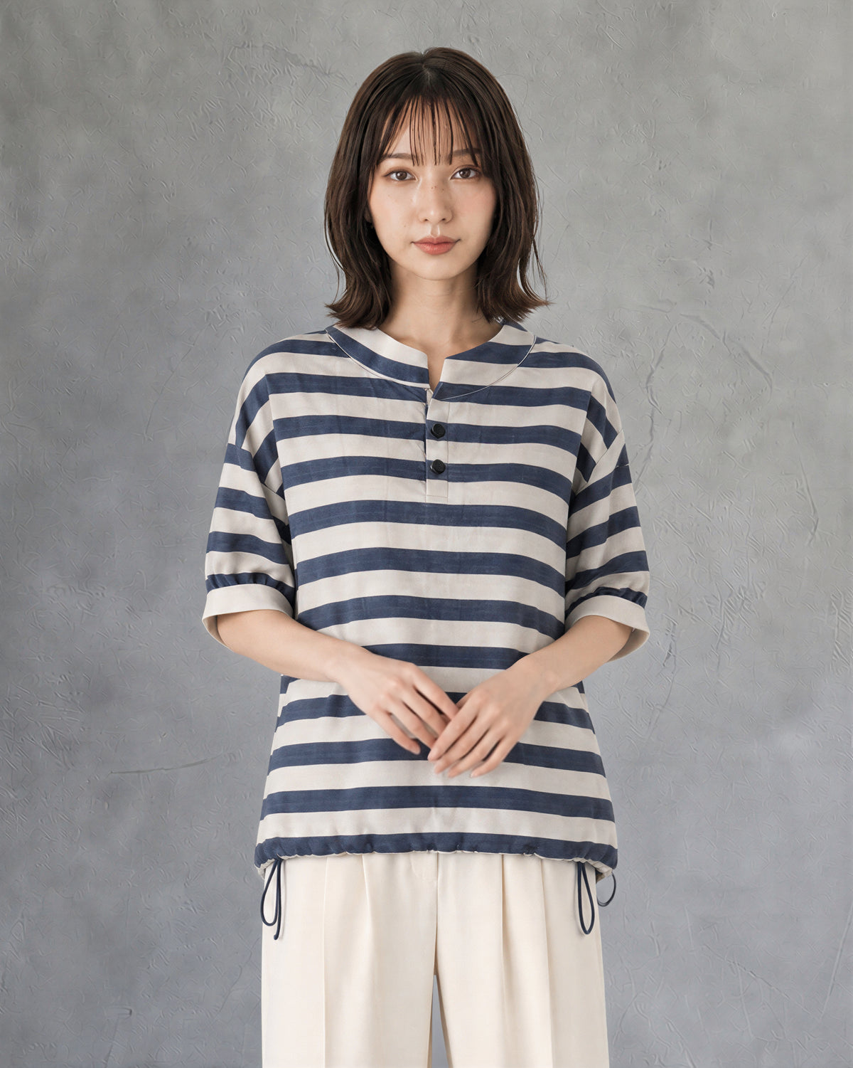 【秋新作】S-XL ボーダー スタンドカラー ドローストリング 半袖Tシャツ