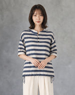 【秋新作】S-XL ボーダー スタンドカラー ドローストリング 半袖Tシャツ