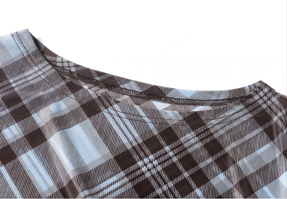 斜めチェック柄 アシンメトリーヘム ドロストウエスト 半袖Tシャツ