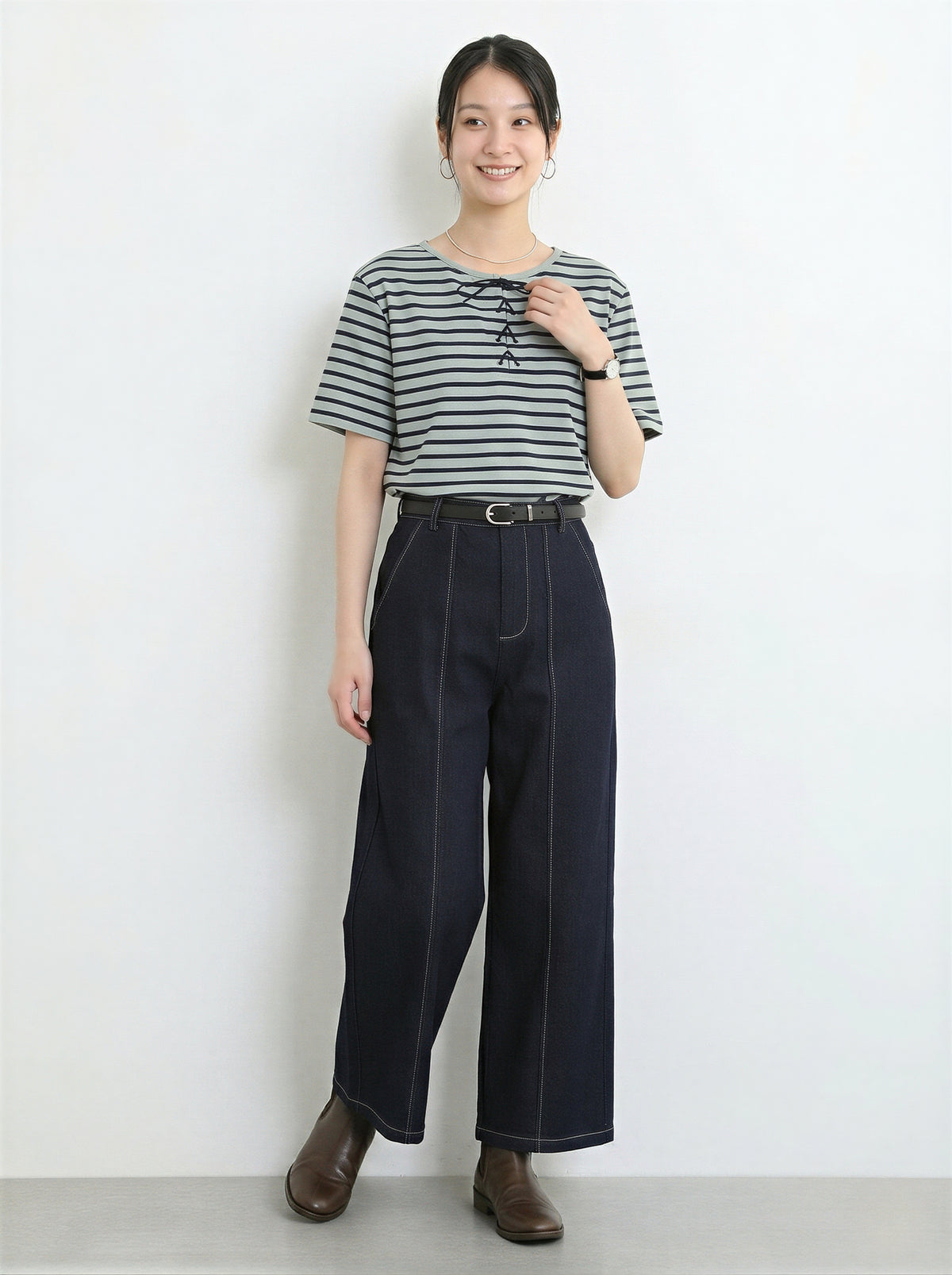 ボーダー リボン付き クルーネック 半袖Tシャツ
