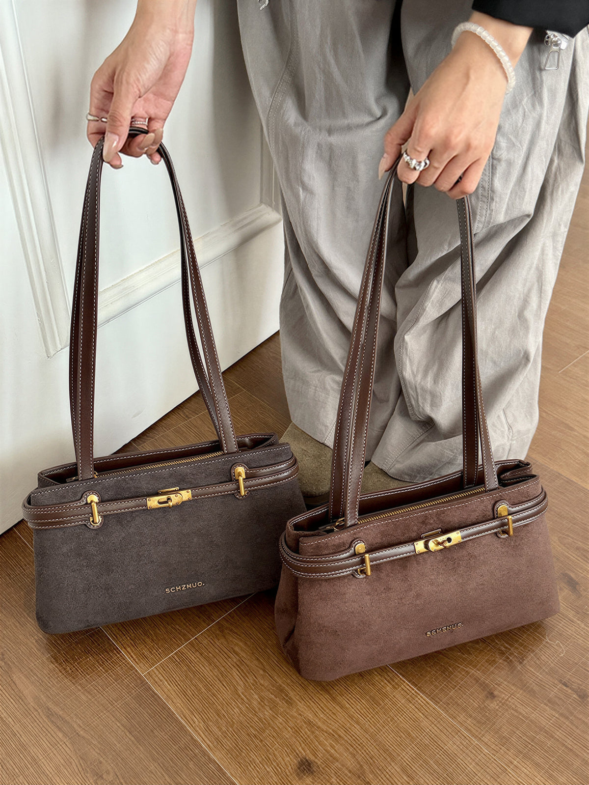 【全4色】レトロ金具 配色ステッチ ロングショルダーストラップ 脇下バッグ