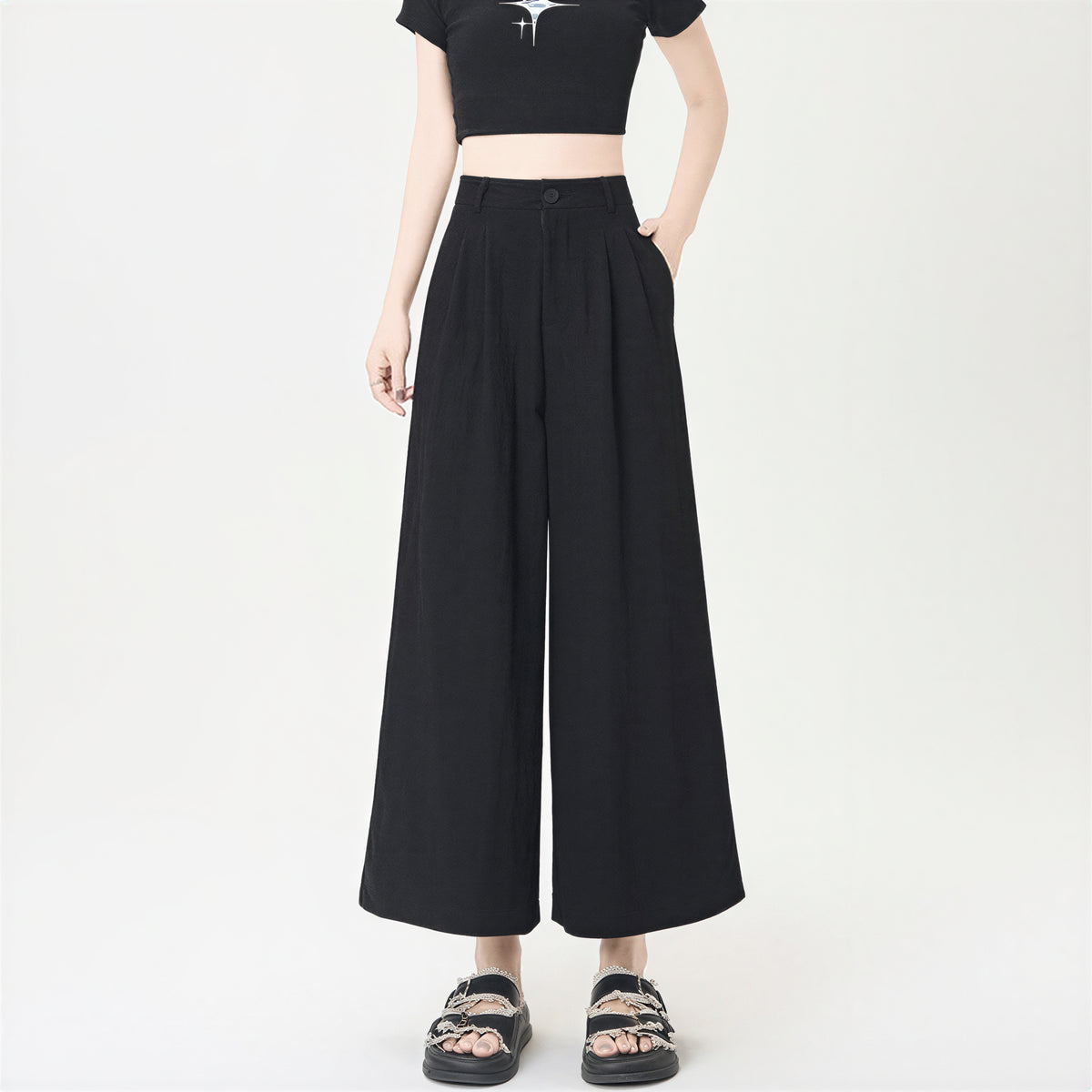 ハイウエスト タック入り ドレープ感 8分丈ワイドパンツ-ブラック-2XL