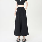 ハイウエスト タック入り ドレープ感 8分丈ワイドパンツ-ブラック-2XL
