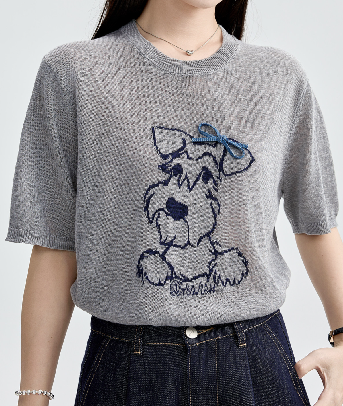 萌えおもしろ子犬刺繍！柔らか肌触りグレー半袖デザイン感ラウンドネックゆったりトップス