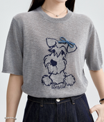 萌えおもしろ子犬刺繍！柔らか肌触りグレー半袖デザイン感ラウンドネックゆったりトップス