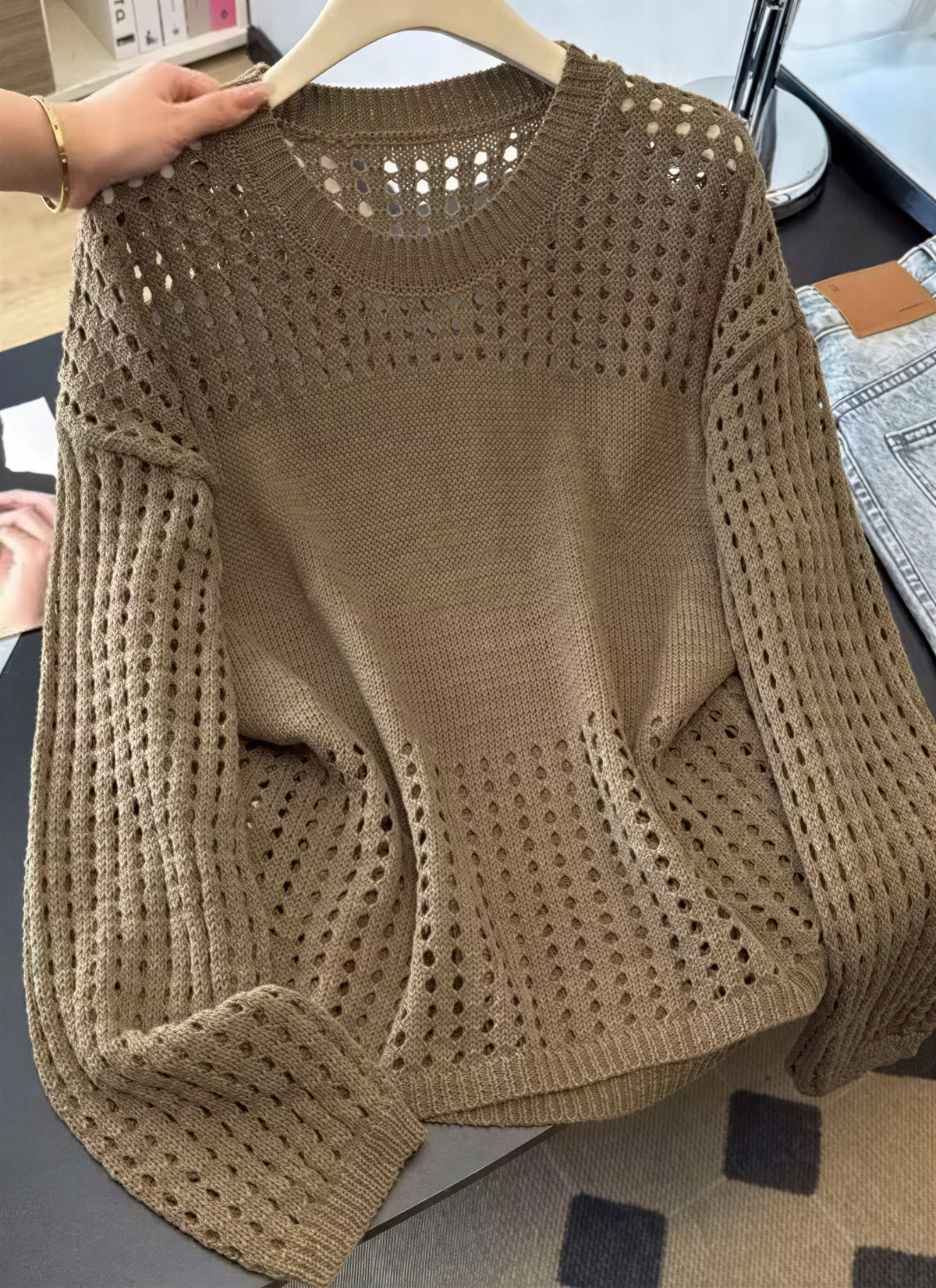 【秋新作】S~XL 透かし編み切り替えクルーネックニット