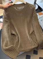 【秋新作】S~XL 透かし編み切り替えクルーネックニット