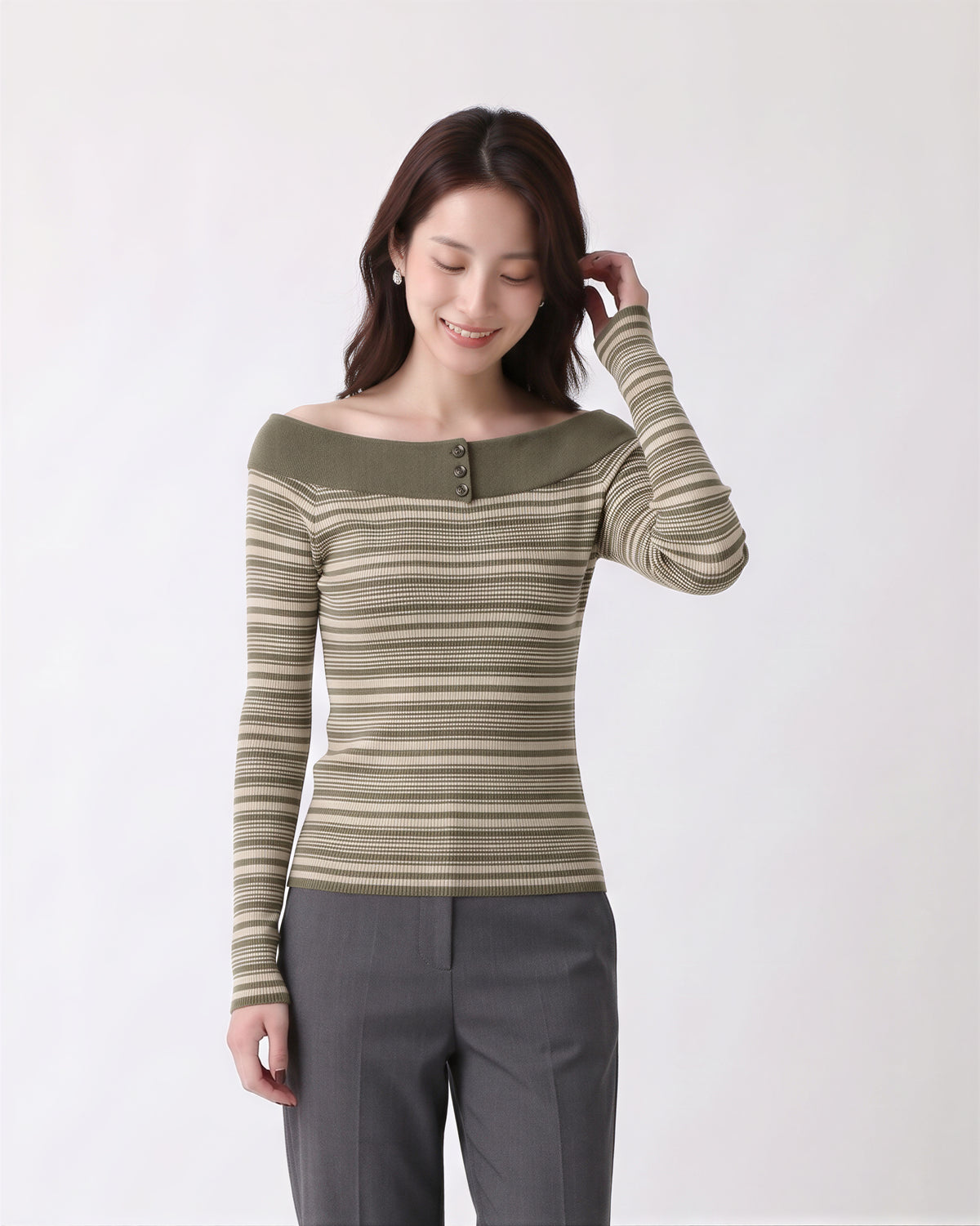 【秋新作】S~XL オフショルダー ボーダー スリムニットトップス