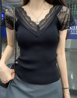 レースVネック 細リブ フィット 見せ肩 半袖Tシャツ