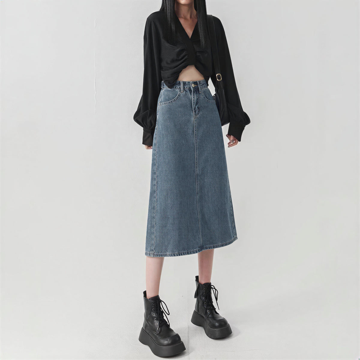 ハイウエスト ストレート スリット デニムスカート