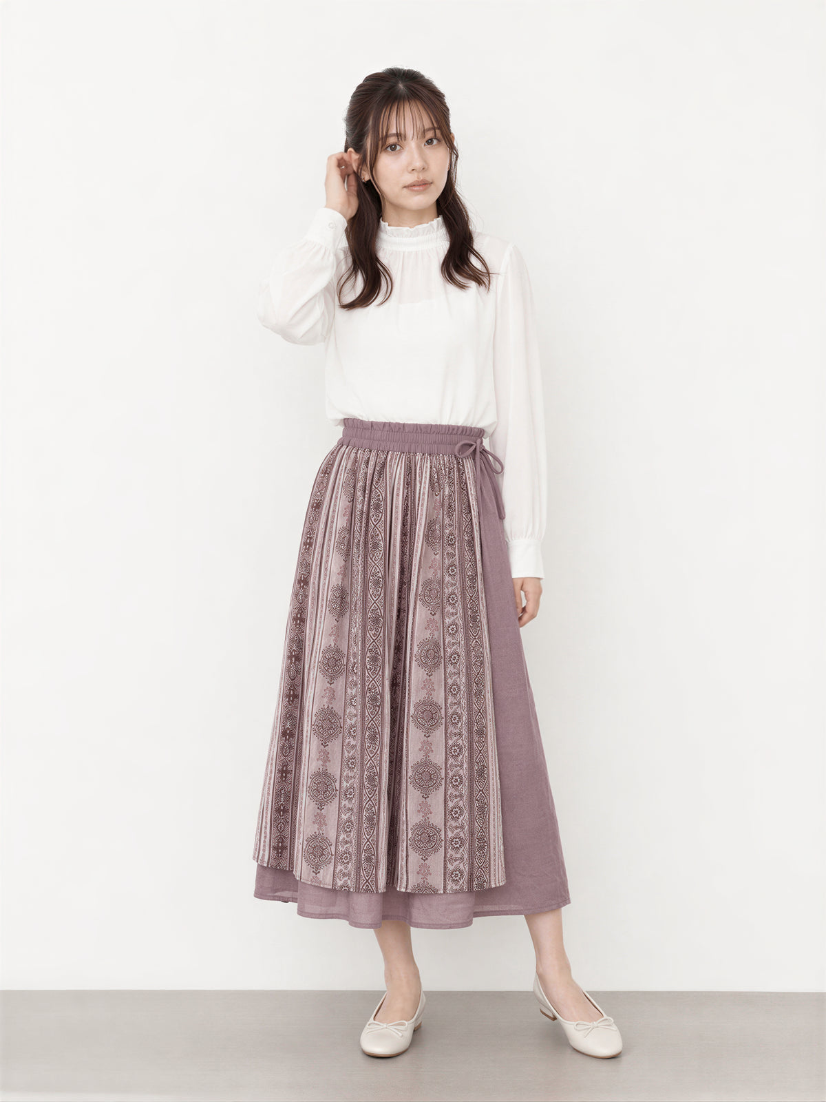 M~2XL パープル切り替えプリント エアリー ロングスカート