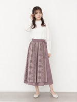 M~2XL パープル切り替えプリント エアリー ロングスカート