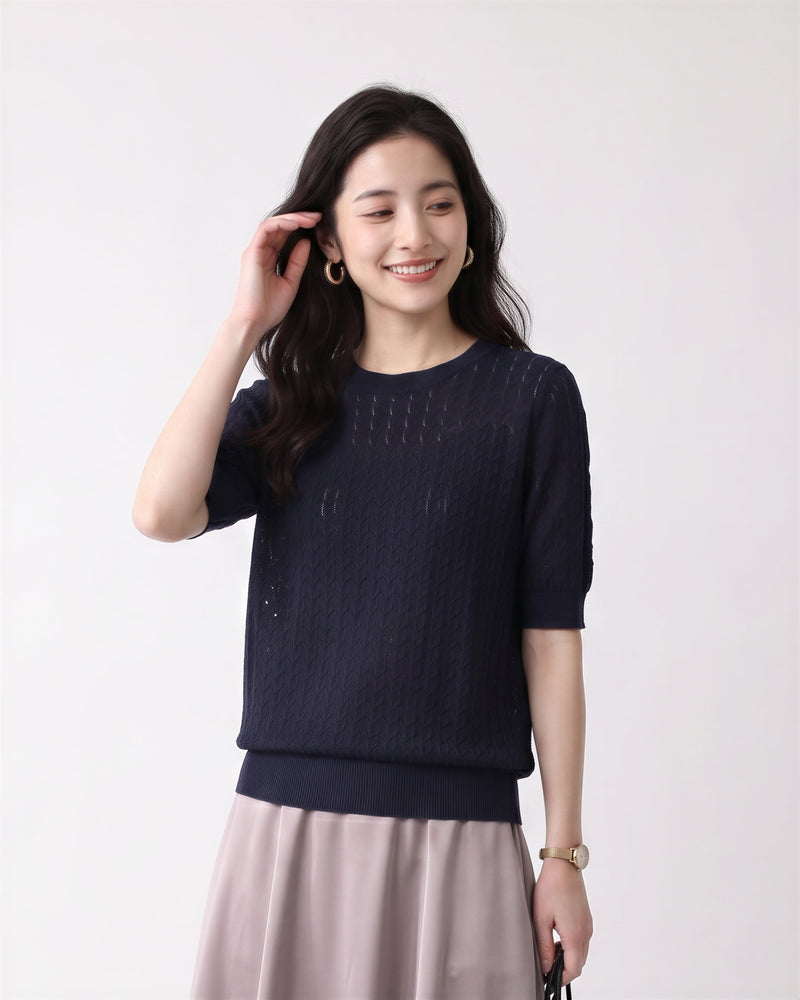 M~XL 透かしジャカード クルーネックニット