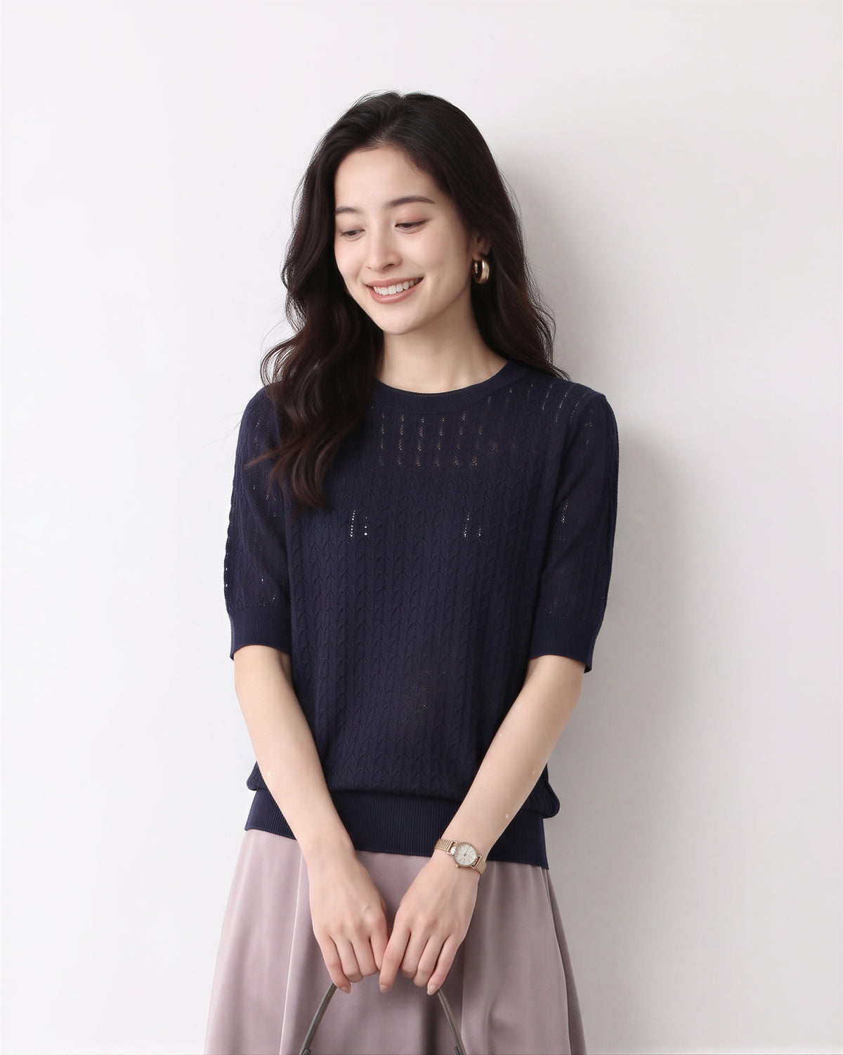 M~XL 透かしジャカード クルーネックニット